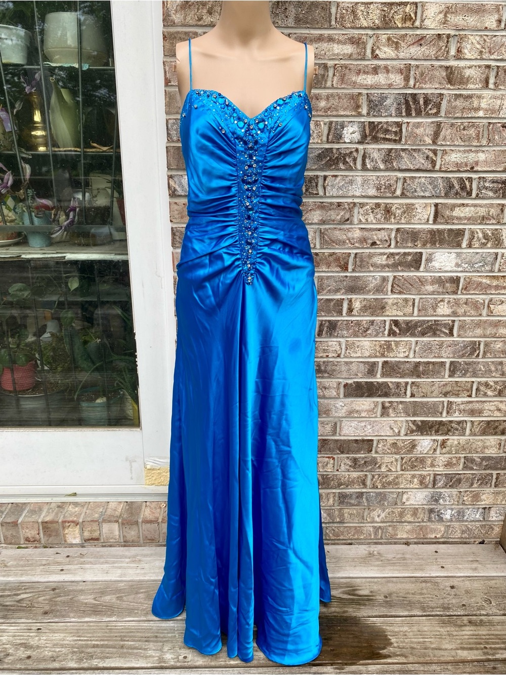 Vintage 90s Zum Zum by Niki Livas Bright Blue Beaded Satin Prom Dress Size 15